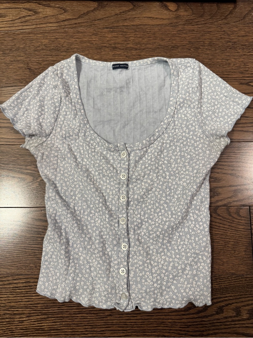 Brandy Melville Light Blue Floral Button-Front Scoop Neck Top